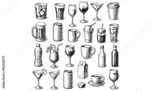 Drink Beverage Icon Set Hand Drawn Sketch Style Vector Collection