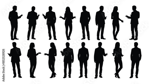 A collection of diverse people in business attire presented as a striking silhouette