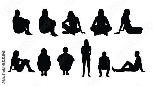 Diverse yoga poses depicted in black representing mindful movement and wellness a striking silhouette