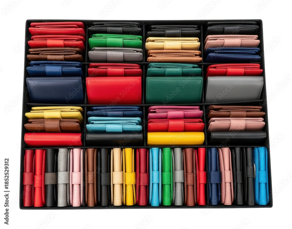 Obraz premium Organized wallets display retail store product showcase top view isolated on transparent background