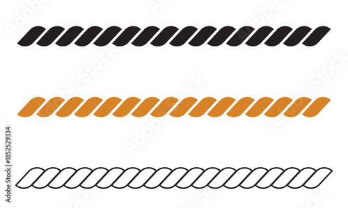 Rope vector icon.  Brushes rope patterns. Minimal twisted rope borders in black , colour and white, decorative nautical elements useful for design, framing, and graphic layout concepts.
