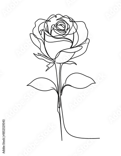 A single-line black and white drawing of a rose on white background