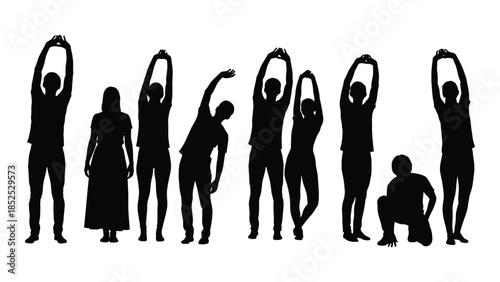 A series of black silhouettes depicting people in various yoga poses and stretching positions silhouette