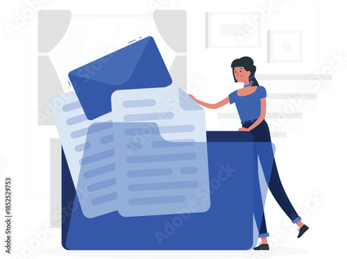 Woman pulling papers out of large blue filing cabinet office workspace d