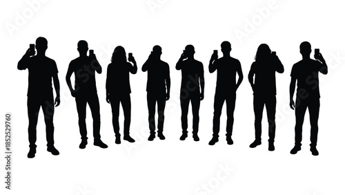 a row of people depicted in black all holding phones to their ears silhouette