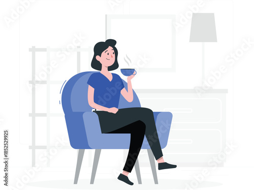 Woman sitting in blue chair holding cup of coffee cup black hair d