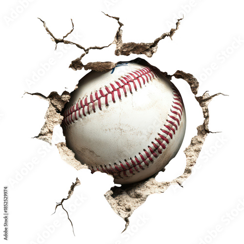 A cracked wall with a baseball emerging from the hole. symbolizing the spirit of sports and competition. with a blurred background suggesting an outdoor field