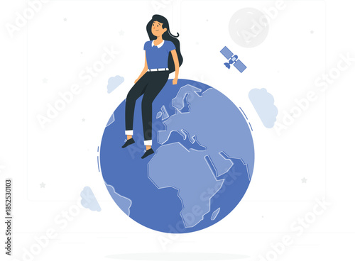 Woman sitting on globe with satellite blue black hair desi