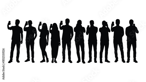 A line of people raising their arms in various poses presented as a black silhouette