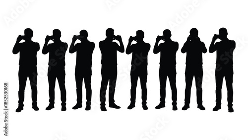 A row of individuals depicted in various poses presenting a striking black silhouette