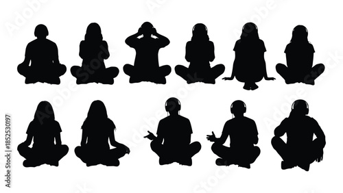 A collection of black silhouettes depicting people in various meditative or seated poses silhouette