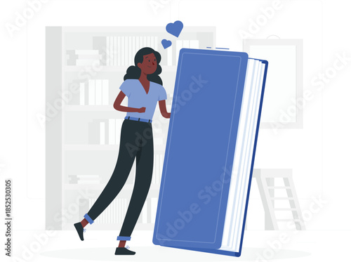 Woman standing next to large blue book with hearts above large book desi