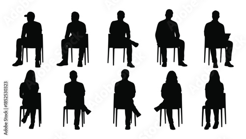 A collection of black silhouettes showing people seated in various poses and attire silhouette