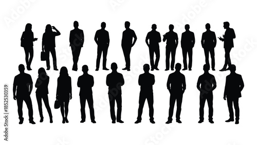 A group of people in various poses are depicted in a stark black silhouette