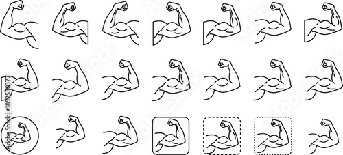 Strong Muscle Arm Line Icons Set Representing Strength, Power, Fitness, Workout, Motivation, Achievement and Physical Performance Hand Gesture Symbols