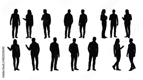 a collection of figures in various poses depicted as a striking black silhouette