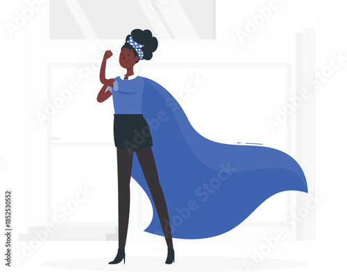Woman wearing blue cape and headband flexing arm superhero