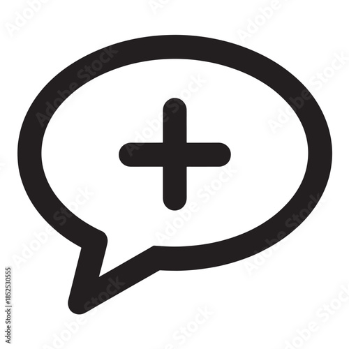 Black speech bubble with plus sign in simple flat design on white background for social media icon