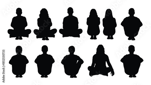 Diverse group of people sitting in lotus position a striking black silhouette