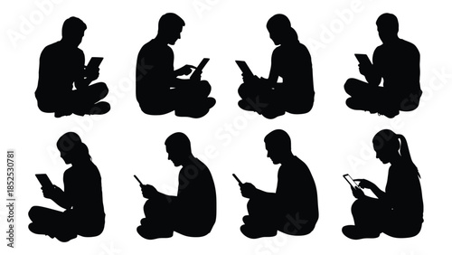 Diverse group of people engrossed in reading depicted in a striking black silhouette