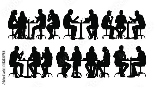 A collection of people seated at tables and chairs in a striking silhouette