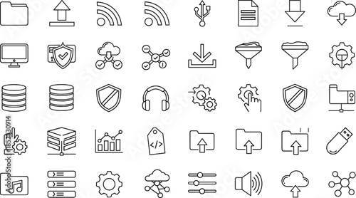 Technology and Cloud Storage Line Icons Set Featuring Upload, Download, Security, Data Transfer, Network, Devices and Digital System Interface Symbols