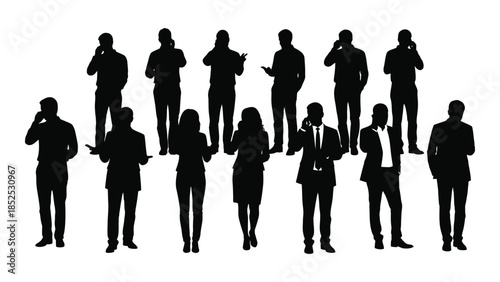 Group of people in business attire communicating with phones a striking black silhouette