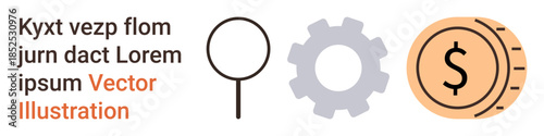 Business analysis, problem-solving, productivity, finance, economics, and money management. Minimalist icons of a magnifying glass, gear and coin with dollar sign. Business analysis and finance