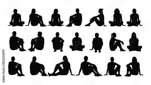 Diverse yoga poses depicted in stark black forms presenting a calming and meditative silhouette