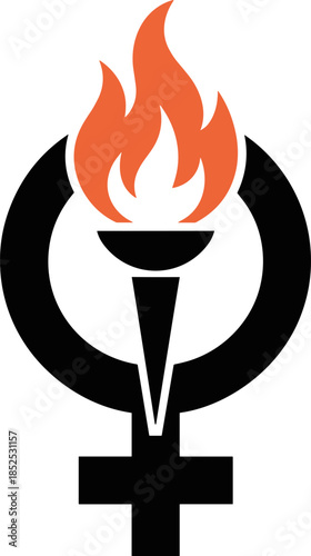 Feminist Empowerment Torch Vector Icon - Female Gender Symbol with Burning Flame Representing Women's Rights, Struggle, and Liberation Movement Logo Illustration