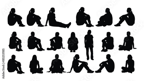 Diverse group of people in various relaxed poses a striking black silhouette