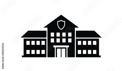 A simple black and white glyph depicting a classic two story building with a shield symbol above the entrance suggesting security or governance