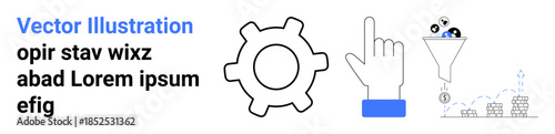 Automation, productivity, workflow, data filtering, business intelligence, analytics. Gear, hand pointing up funnel with icons and graph. Automation and productivity concept
