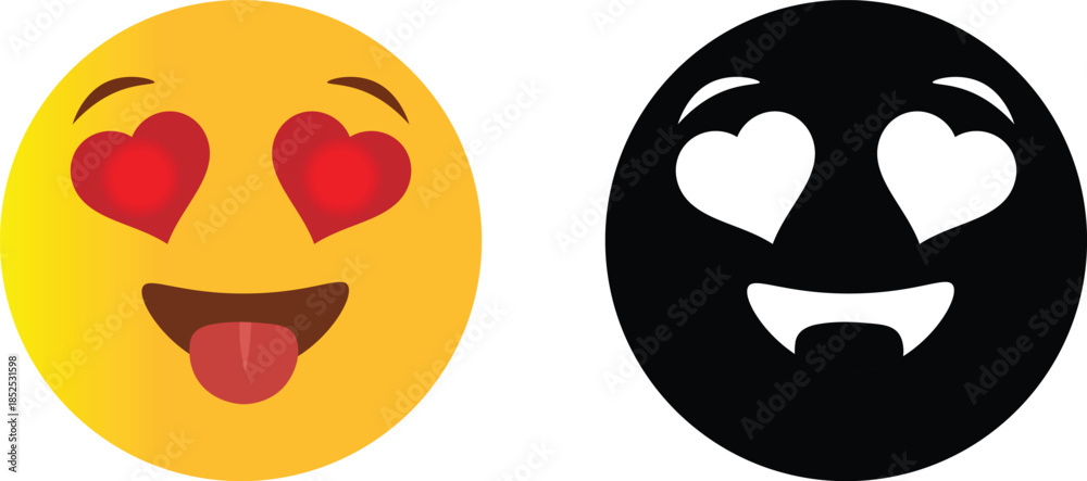Fototapeta premium Yellow emoji face with red heart eyes and playful tongue and a black vampire emoji counterpart with fangs Vector