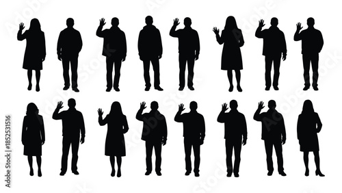 A collection of diverse people raising their hands in a unified gesture silhouette