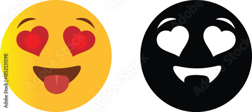 Yellow emoji face with red heart eyes and playful tongue and a black vampire emoji counterpart with fangs Vector