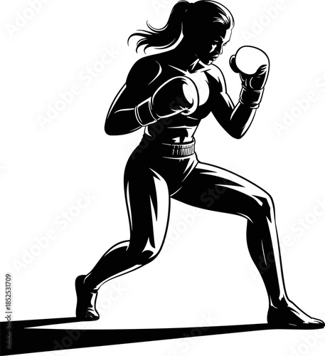 Dynamic Female Boxer Silhouette Vector Illustration in Fighting Stance | Powerful Black and White Graphic Design for Fitness, Sports, Combat Training, and Martial Arts Logo Branding