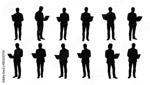 A collection of diverse business people in various poses presented as a dark silhouette