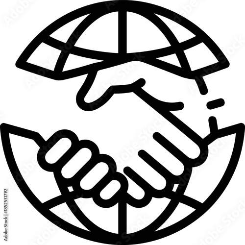 Global Partnership Handshake Icon: SEO-Friendly Line Art Vector Representing International Cooperation, Worldwide Agreement, Diplomacy, and Business Connection on Earth's Network Grid