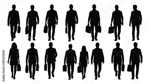 A group of business people walking with briefcases depicted as a striking silhouette