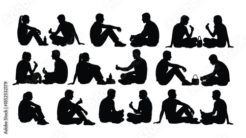 Diverse yoga poses depicted in black showcasing body shapes as a striking silhouette