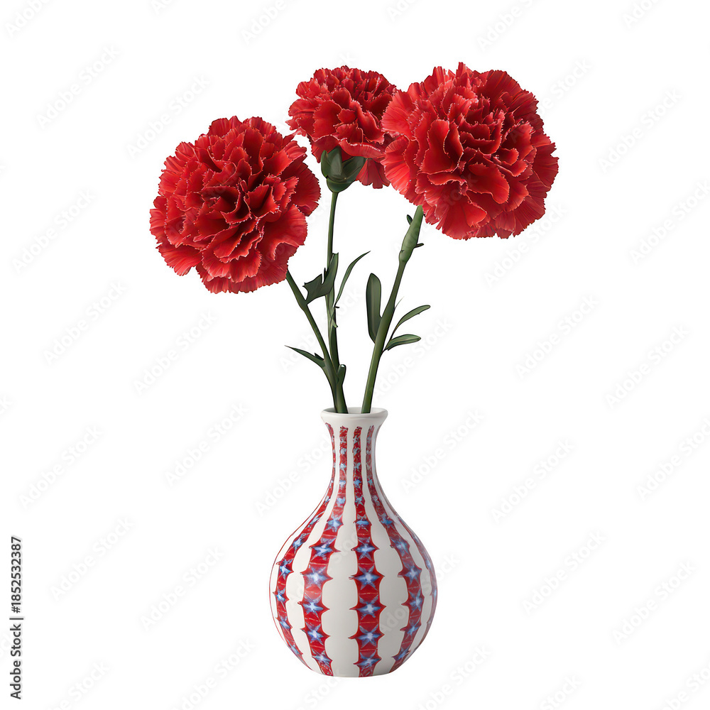 Obraz premium A arrangement of three red carnations in a decorative white vase adorned with blue stars and red stripes. set against a clean. minimalist background. ideal for home decor inspiration