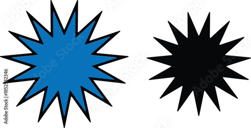 A simple vector illustration of two spiky star shapes, one blue and one black Vector