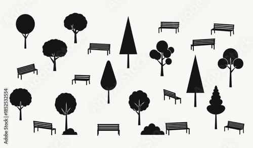 a minimalist arrangement of black silhouettes depicts trees bushes and park benches against a plain off white background providing a serene scene