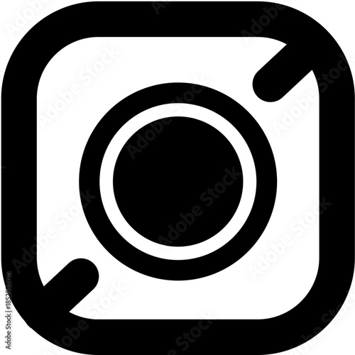 Minimalist black and white icon representing a camera lens within a rounded square frame with opposing arrows, symbolizing focus or recording