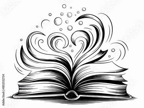 Open Book with Swirling Designs and Bubbles Illustration