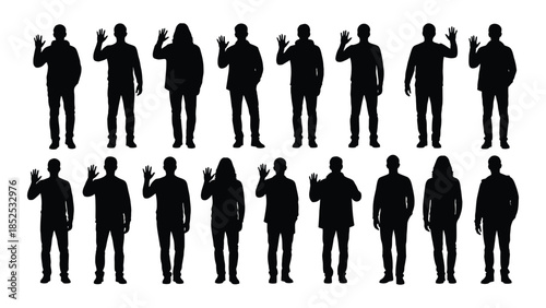 Collection of diverse people figures raising hands shown as a black silhouette