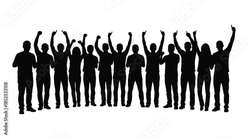 A group of people with arms raised in a celebratory pose presented as a silhouette