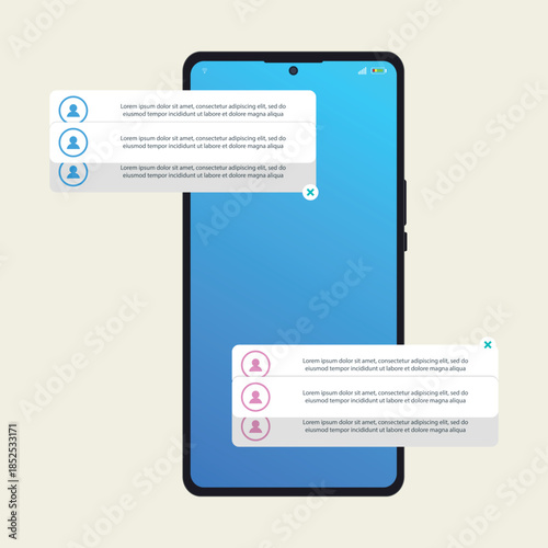 Mobile App Chat Notification UI on Smartphone Screen, Flat Vector Illustration. Ideal for mobile applications, messaging apps, social networks, customer support services, SaaS platforms.