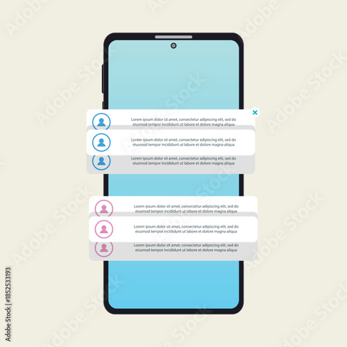 Mobile App Chat Notifications Interface on Smartphone Screen, for mobile apps, social networks, messengers, customer support, and UI UX. Flat Vector.
